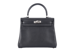 HERMES KELLY 25 RETOURNE BLACK EPSOM SILVER HARDWARE STAMP H (2004) WITH LOCK, KEYS, STRAPS AND DUST COVER