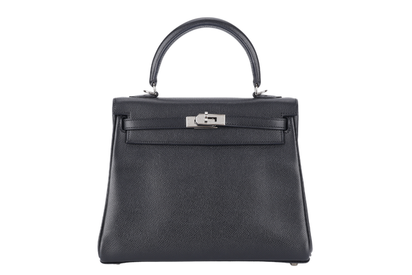 HERMES KELLY 25 RETOURNE BLACK EPSOM SILVER HARDWARE STAMP H (2004) WITH LOCK, KEYS, STRAPS AND DUST COVER