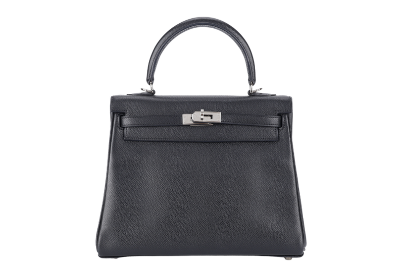 HERMES KELLY 25 RETOURNE BLACK EPSOM SILVER HARDWARE STAMP H (2004) WITH LOCK, KEYS, STRAPS AND DUST COVER