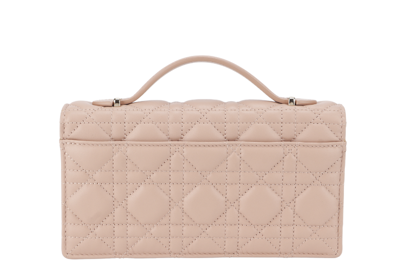 CHRISTIAN DIOR CHAIN TOP HANDLE LADY DIOR WOC MINI CARAMEL BEIGE LAMBSKIN GOLD HARDWARE WITH STRAPS, CARD, DUST COVER AND BOX