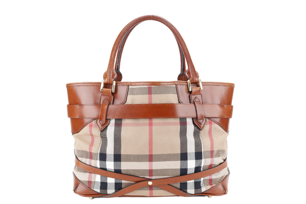 BURBERRY BRIDLE LYNHER MEDIUM BROWN BEIGE HOUSE CHECK CANVAS AND LEATHER NO DUST COVER