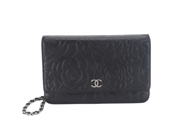 CHANEL CAMELLIA W.O.C (1609xxxx) BLACK EMBOSSED LAMBSKIN SILVER HARDWARE  WITH CARD AND BOX