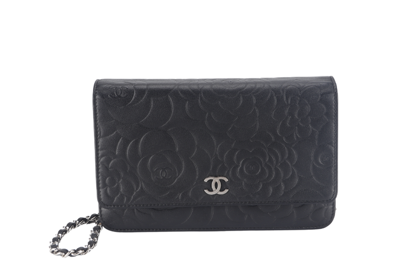 CHANEL CAMELLIA W.O.C (1609xxxx) BLACK EMBOSSED LAMBSKIN SILVER HARDWARE  WITH CARD AND BOX