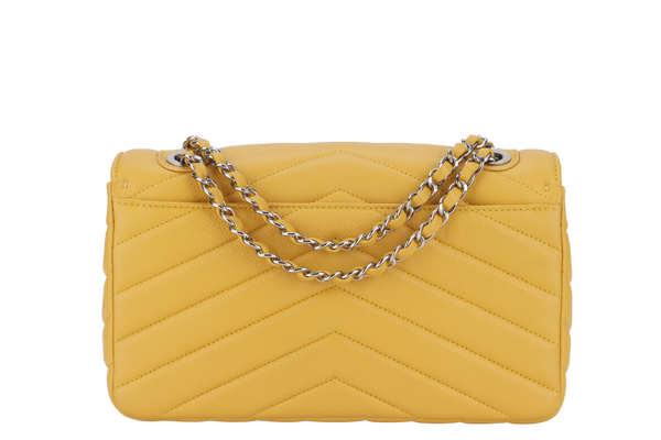 CHANEL CHEVRON FLAP (2432xxxx) MUSTARD MATTE CAVIAR SILVER HARDWARE WITH CARD AND BOX