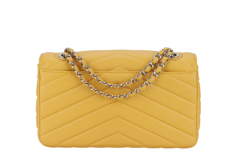 CHANEL CHEVRON FLAP (2432xxxx) MUSTARD MATTE CAVIAR SILVER HARDWARE WITH CARD AND BOX