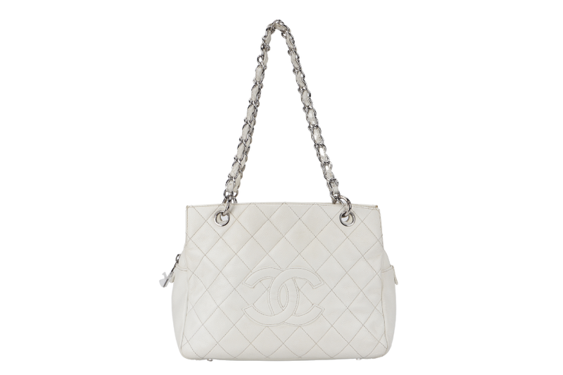 CHANEL PST WHITE (1044xxxx) CAVIAR LEATHER SILVER HARDWARE WITH DUST COVER