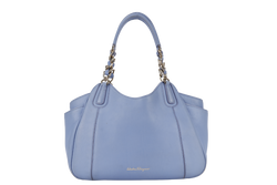 SALVATORE FERRAGAMO MELINDA TOTE BAG SMALL LIGHT BLUE LEATHER GOLD HARDWARE WITH DUST COVER