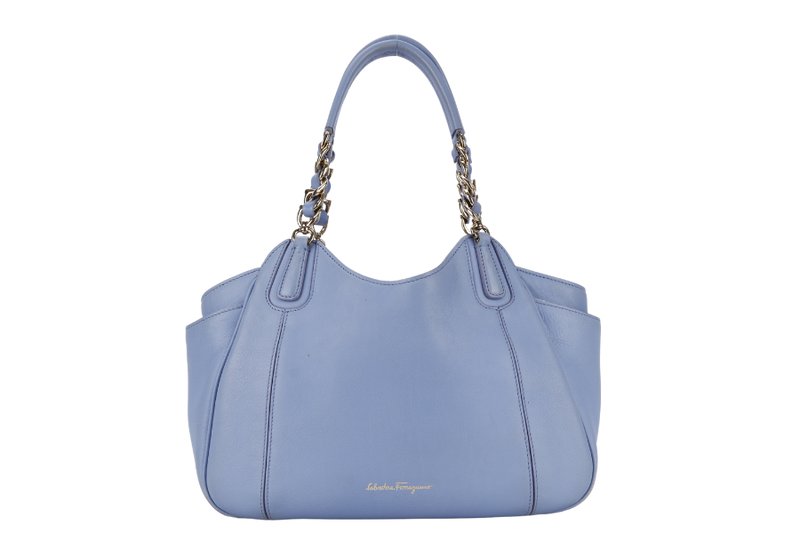 SALVATORE FERRAGAMO MELINDA TOTE BAG SMALL LIGHT BLUE LEATHER GOLD HARDWARE WITH DUST COVER