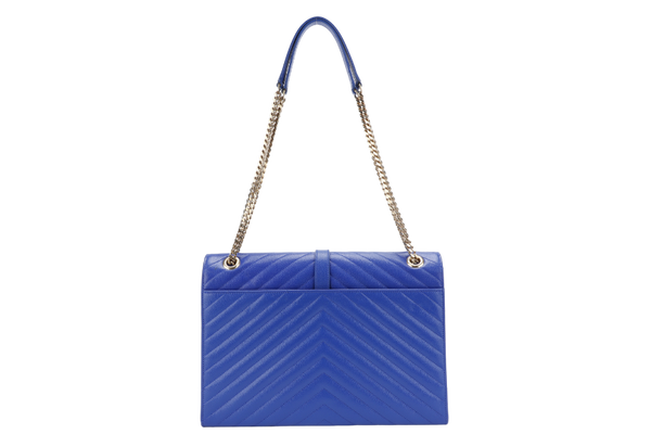 YVES SAINT LAURENT (YSL) LARGE ENVELOPE SHOULDER BAG BLUE GRAIN DE POUDRE LEATHER GOLD HARDWARE