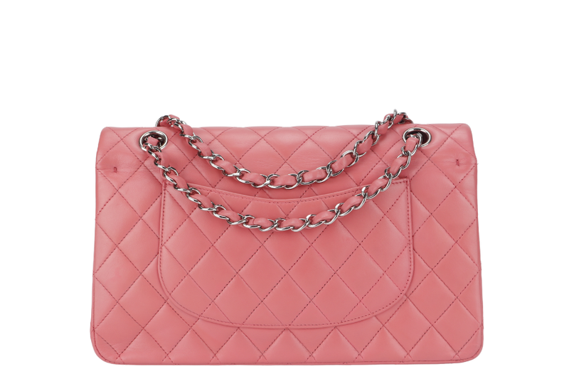 CHANEL FLAP MEDIUM (1632xxxx) PINK LAMBSKIN LEATHER SILVER HARDWARE WITH CARD, DUST COVER AND BOX