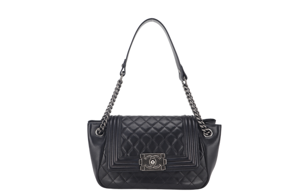 CHANEL BOY ACCORDION MEDIUM BLACK LAMBSKIN LEATHER PALLADIUM HARDWARE (1610xxxx) WITH DUST COVER