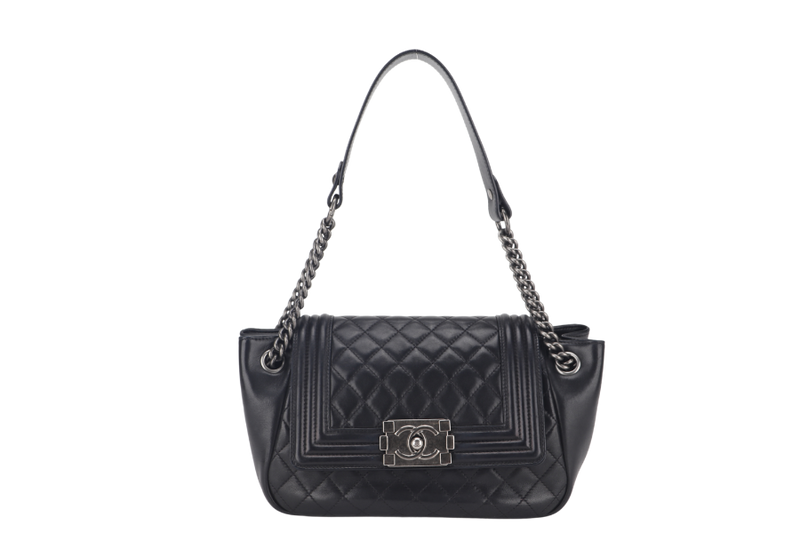 CHANEL BOY ACCORDION MEDIUM BLACK LAMBSKIN LEATHER PALLADIUM HARDWARE (1610xxxx) WITH DUST COVER