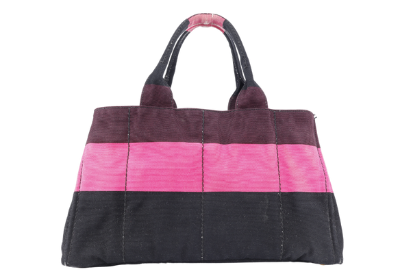 PRADA CANAPA RIGHE B1872B PINK AND DARK BROWN CANVAS TOTE BAG WITH CARD AND DUST COVER