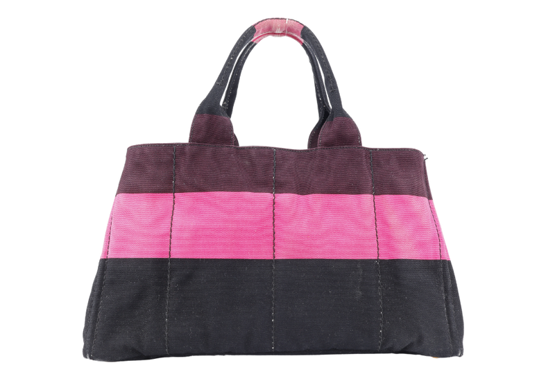 PRADA CANAPA RIGHE B1872B PINK AND DARK BROWN CANVAS TOTE BAG WITH CARD AND DUST COVER