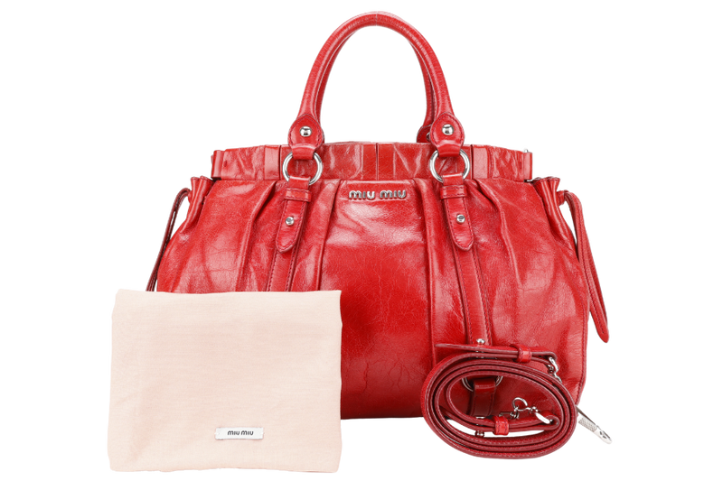 MIU MIU BAULETTO VITELLO LUX ROSSO RED LEATHER SILVER HARDWARE WITH STRAPS AND DUST COVER
