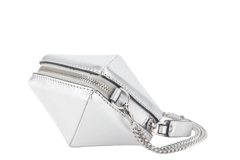 VALENTINO GARAVANI ZIP CHAIN COIN PURSE MINI SILVER LEATHER WITH DUST COVER AND BOX