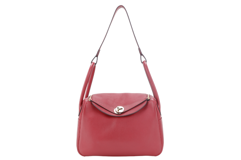 HERMES LINDY 26 ROUGE GRENAT SWIFT LEATHER GOLD HARDWARE STAMP X (YEAR 2016) WITH DUST COVER, INNER COMPARTMENT AND RAINCOAT