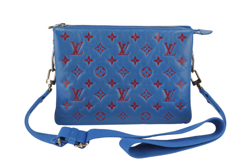 LOUIS VUITTON COUSSIN CROSSBODY BAG PM BLUE & RED EMBOSSED LAMBSKIN GOLD HARDWARE MICROCHIP WITH DUST COVER AND BOX