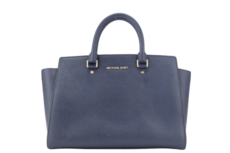 MICHAEL KORS SELMA NAVY SAFFIANO LEATHER SATCHEL BAG GOLD HARDWARE WITH STRAPS AND DUST COVER