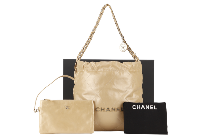 CHANEL 22 REGULAR BEIGE COLOR MICROCHIP (ALEPxxxx) GOLD HARDWARE WITH DUST COVER AND BOX