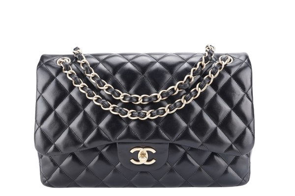 CHANEL DOUBLE FLAP BAG JUMBO BLACK LAMBSKIN LEATHER GOLD HARDWARE (1798xxxx) WITH DUST COVER