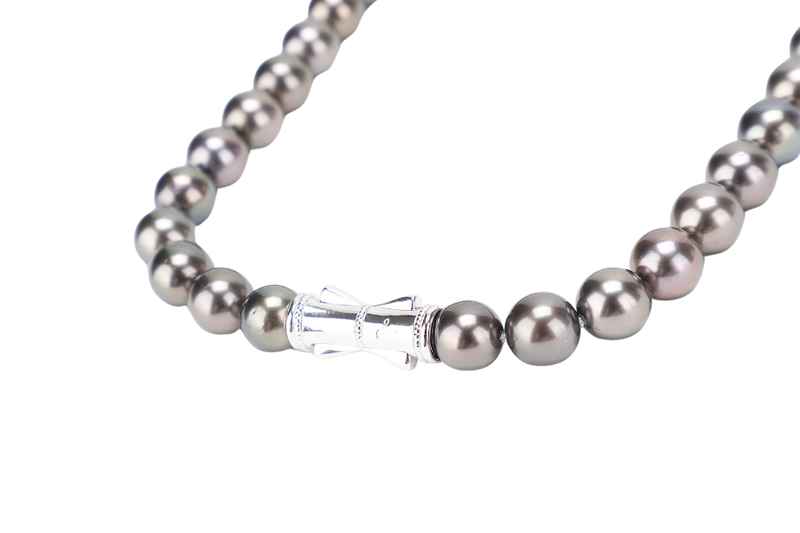 TASAKI BLACK PEARL NECKLACE 56.4G 8.0-11.0MM SV SETTINGS 46CM WITH BOX