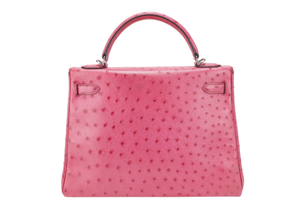 HERMES KELLY 32 RETOURNE FUCHSIA OSTRICH PHW STAMP I (YEAR 2005) WITH STRAPS AND DUST COVER