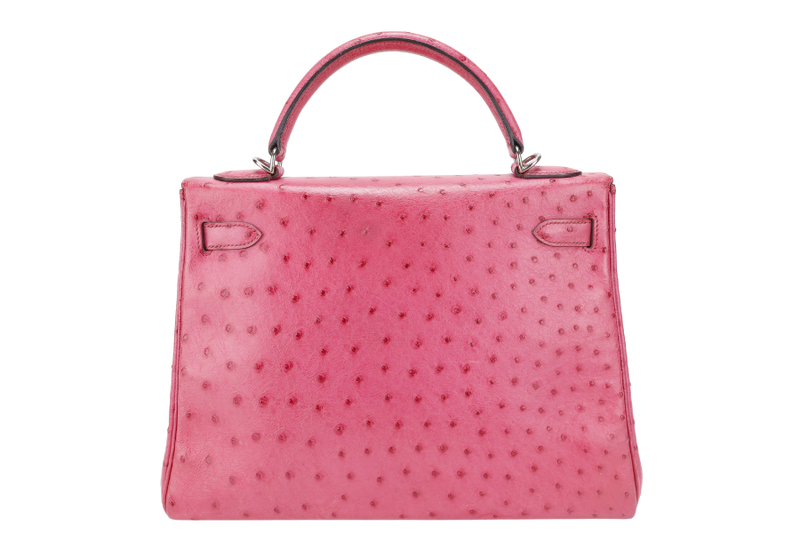 HERMES KELLY 32 RETOURNE FUCHSIA OSTRICH PHW STAMP I (YEAR 2005) WITH STRAPS AND DUST COVER