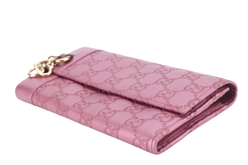 GUCCI GUCCISIMA HEART CHARM PINK LEATHER LONG WALLET GOLD HARDWARE WITH DUST COVER