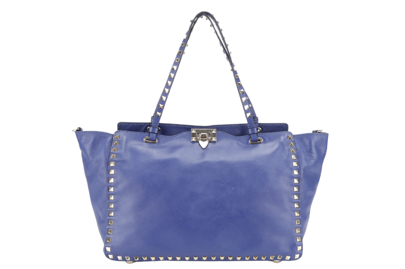 VALENTINO VITELLO SMALL ROCKSTUD BLUE LEATHER TOTE BAG WITH GOLD HARDWARE WITH STRAPS AND DUST COVER