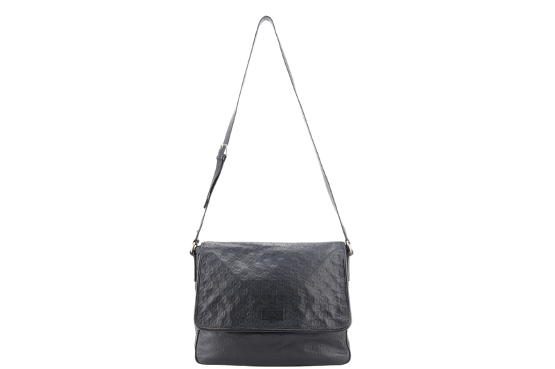 GUCCI BLACK GUCCISSIMA LEATHER MESSENGER BAG WITH GOLD TONE HARDWARE NO DUST COVER