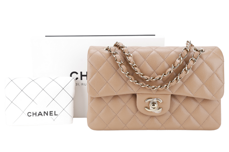 CHANEL CLASSIC FLAP SMALL DARK BEIGE CAVIAR LEATHER GOLD HARDWARE (U2CXxxxx) WITH DUST COVER AND BOX