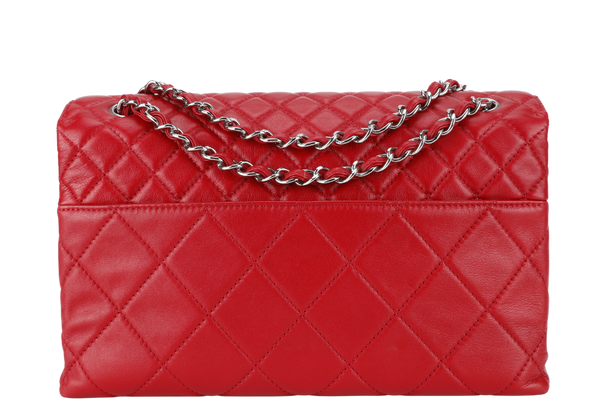 CHANEL SINGLE FLAP BAG (1444xxxx) RED QUILTED LAMBSKIN SILVER HARDWARE WITH CARD