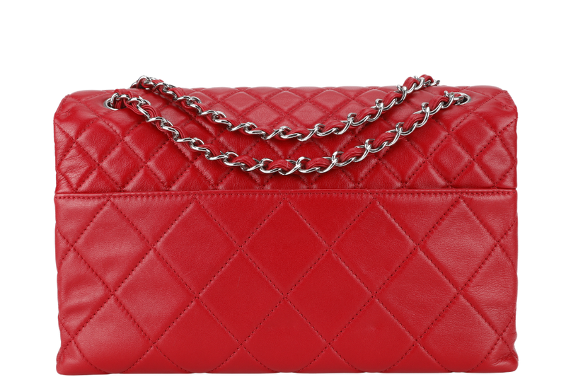 CHANEL SINGLE FLAP BAG (1444xxxx) RED QUILTED LAMBSKIN SILVER HARDWARE WITH CARD