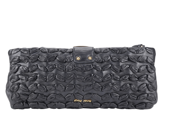 MIU MIU BLACK CLUTCH PLISSE LEATHER GOLD HARDWARE WITH DUST COVER