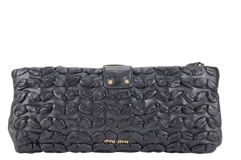 MIU MIU BLACK CLUTCH PLISSE LEATHER GOLD HARDWARE WITH DUST COVER