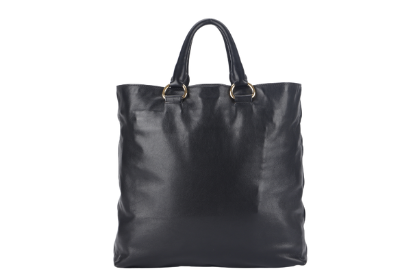 PRADA SHOPPING TOTE (BN1713) LARGE BLACK CALF LEATHER GOLD HARDWARE WITH STRAP AND DUST COVER