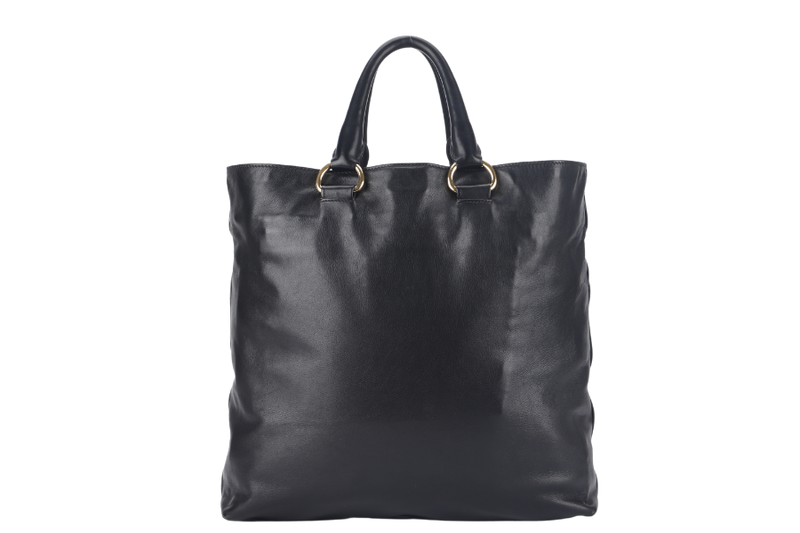 PRADA SHOPPING TOTE (BN1713) LARGE BLACK CALF LEATHER GOLD HARDWARE WITH STRAP AND DUST COVER