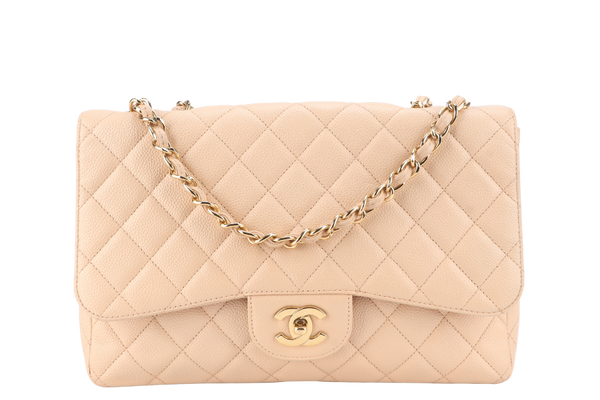 CHANEL CLASSIC FLAP BAG JUMBO (1293xxxx) BEIGE CAVIAR LEATHER GOLD HARDWARE WITH DUST COVER
