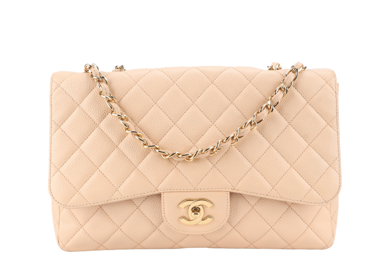 CHANEL CLASSIC FLAP BAG JUMBO (1293xxxx) BEIGE CAVIAR LEATHER GOLD HARDWARE WITH DUST COVER