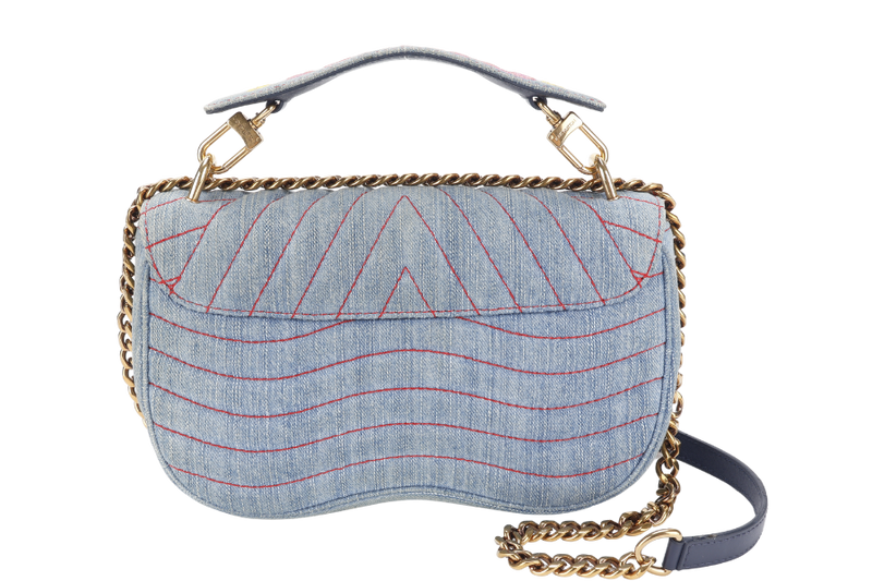 LOUIS VUITTON NEW WAVE CHAIN BAG BLUE DENIM GOLD HARDWARE WITH DUST COVER