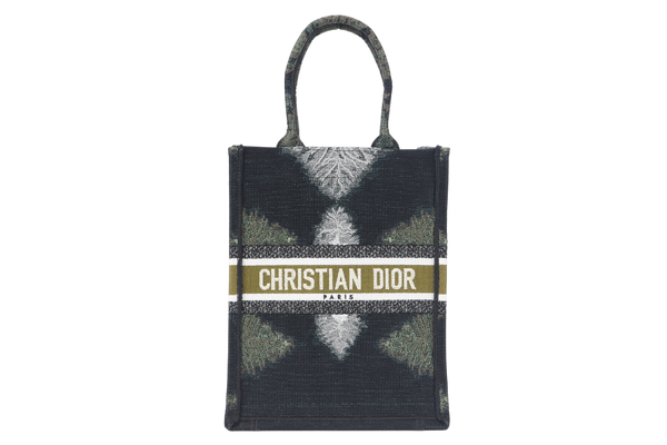 CHRISTIAN DIOR TIE VERTICAL BOOK TOTE (50-MA-0260) BLACK, GREEN & WHITE  CANVAS WITH CARD, DUST COVER AND BOX