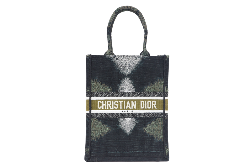 CHRISTIAN DIOR TIE VERTICAL BOOK TOTE (50-MA-0260) BLACK, GREEN & WHITE  CANVAS WITH CARD, DUST COVER AND BOX