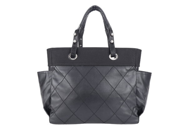 CHANEL PARIS BIARRITZ TOTE BAG BLACK COATED CANVAS SILVER HARDWARE (1407xxxx) WITH CARD AND DUST COVER