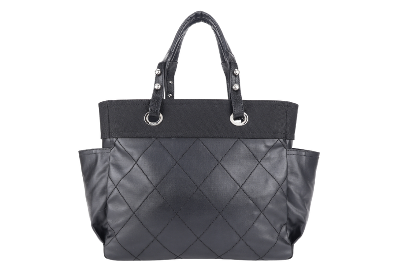 CHANEL PARIS BIARRITZ TOTE BAG BLACK COATED CANVAS SILVER HARDWARE (1407xxxx) WITH CARD AND DUST COVER