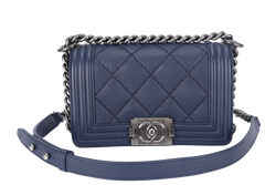 CHANEL DOUBLE STITCH BOY SMALL NAVY BLUE CALFSKIN RUTHENIUM HARDWARE (1877xxxx) (YEAR 2013-2014) WITH CARD AND DUST COVER