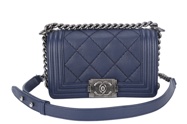 CHANEL DOUBLE STITCH BOY SMALL NAVY BLUE CALFSKIN RUTHENIUM HARDWARE (1877xxxx) (YEAR 2013-2014) WITH CARD AND DUST COVER