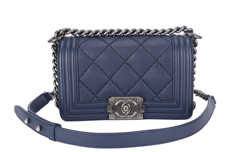 CHANEL DOUBLE STITCH BOY SMALL NAVY BLUE CALFSKIN RUTHENIUM HARDWARE (1877xxxx) (YEAR 2013-2014) WITH CARD AND DUST COVER