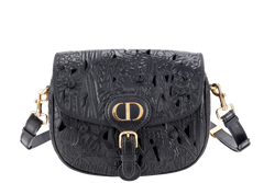CHRISTIAN DIOR BOBBY FLORAL MOTIF (05-RU-0211) MEDIUM BLACK LEATHER GOLD HARDWARE WITH STRAPS, CARD AND BOX