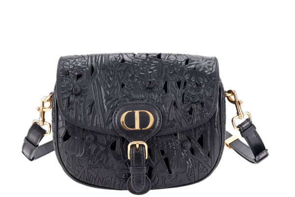 CHRISTIAN DIOR BOBBY FLORAL MOTIF (05-RU-0211) MEDIUM BLACK LEATHER GOLD HARDWARE WITH STRAPS, CARD AND BOX